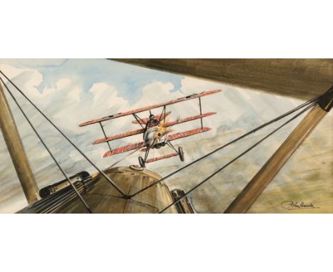 * Howell (John, 1936 -). WWI dogfight, watercolour on paper, showing the Red Baron in pursuit, signed lower left, 24 x 51 cm,