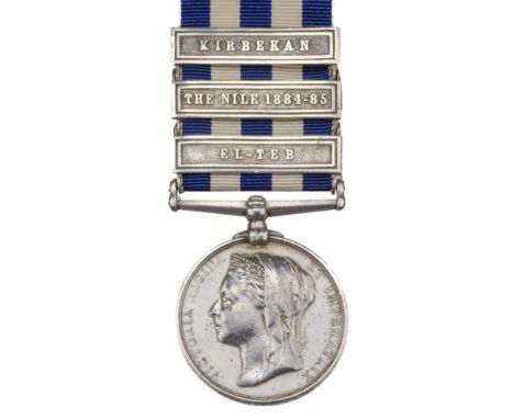 * Egypt Medal 1882-89, undated reverse, 3 clasps, El-Teb, The Nile 1884-85, Kirbekan (1968. Pte J. Brown. 1/Rl Highrs), initi
