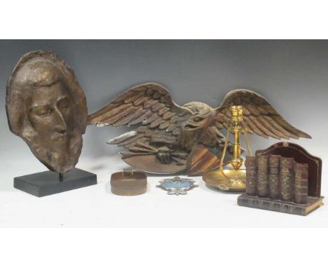 Collection of assorted items - a metal eagle wall sculpture, Paul Gauguin's death mask, George V Royal Automobile Club medal,