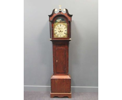 A George III oak and mahogany longcase clock, the hood with swan neck pediment, the arched dial painted with a ploughing scen