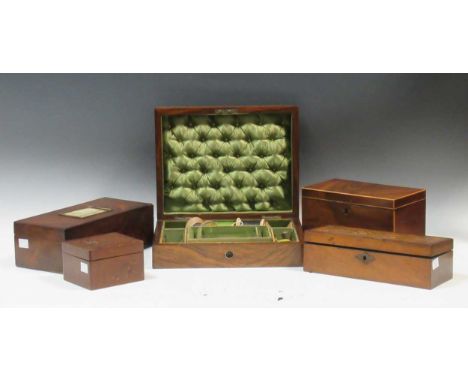 Five various boxes to include a late Victorian walnut sewing box with a fitted interior, together with a 19th century mahogan