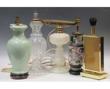 Five various lamps to include a green crackle glazed lamp, a cut glass lamp, an Art Deco style lamp, and two others (5)Genera