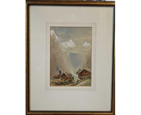 Robert Taylor Pritchett (1828-1907)Landscape with mountain cottages and figures resting, Moldestad looking to Instedal, Norwa