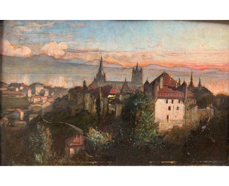 Two continental viewsThe skyline of a town with churches, possibly Switzerland; and Figures resting by a river with a windmil