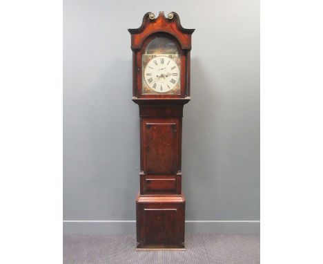 A George III oak and mahogany cross banded longcase clock, the arched dial inscribed John Bromwich Coventry, 226cm high