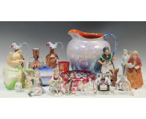 Various ceramic figures including Royal Doulton Old Mother Hubbard and Teatime, Sitzendorf figures, a Master Piggy teapot by 