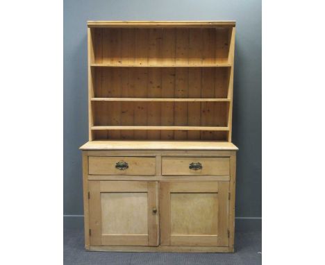 A stripped pine shelf top dresser, 221.5 x 145 x 57cm