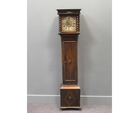 A small oak longcase clock, the hood with barley twist columns, brass dial, eight-day movement, 158cm high