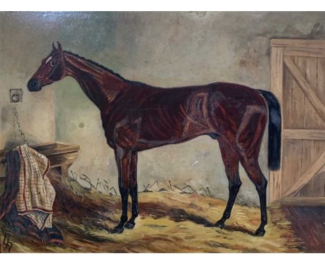 British SchoolPortrait of a chestnut hunter in a stable initialled indistinctly lower rightoil on board 37 x 49cm