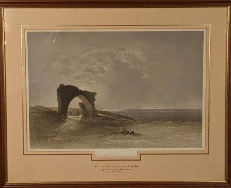 After Le Capelain, Grosnez Castle, Jersey, 19th century coloured lithograph by L Haghe, for Day &amp; Son, 36 x 53cm (image);