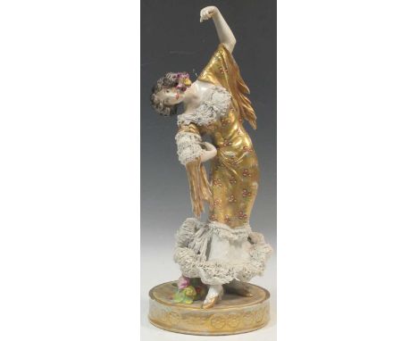 Antique Dresden porcelain gilded lamp-stand figure modelled as a flamenco dancer, blue painted mark to top of the baseFading 