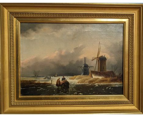 Dutch School (19th Century) figures ice skating with windmillsinscribed 'A DELEE(???)' (lower right)oil on canvas 25.5 x 35.5