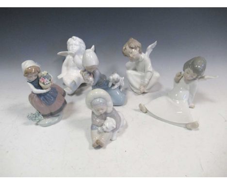 A collection of Lladro figures to include an Inuit child with a polar bear, a girl with a basket of flowers, two seated cheru