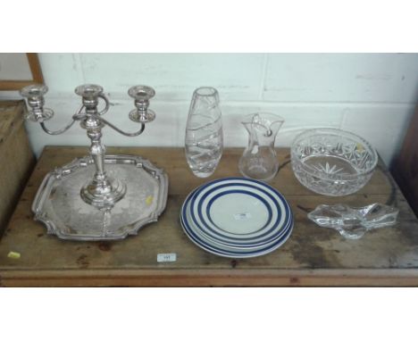 A Royal Doulton glass vase; a silver plated three branch candelabra; a salver; a quantity of ironstone blue and white plates 