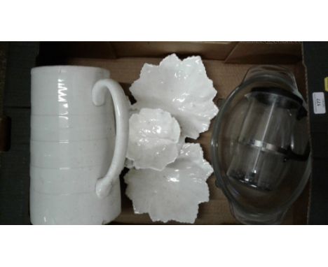 Two boxes and a bag containing various china to include a T G Green jug; an oil lamp reservoir; a kilner jar etc.
