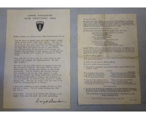 A WWII printed paper message given to troops involved in the D Day invasion, headed "Supreme Headquarters Allied Expeditionar