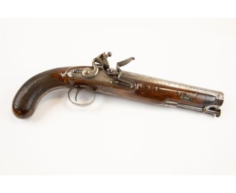 An officer's 10 bore flintlock holster pistol c 1820, 14" overall, octagonal barrel 8½" with front and rear sights, platinum 