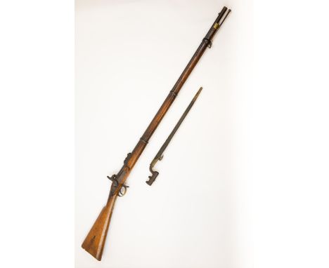 A .577" 1853 pattern 3 band Enfield percussion rifle, 55" overall, barrel 39" with ordnance proofs, numerous inspector's mark