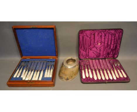 A Horse's Hoof Inkwell With Silver Plated Mounts, together with two sets of dessert knives and forks 