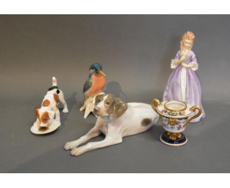 A Danish B &amp; G Porcelain Model In The Form Of A Dog, together with a Royal Doulton model of a dog, a model of a Kingfishe