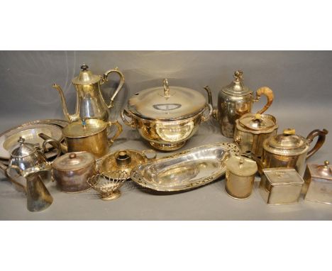 A Silver Plated Tea Caddy With Pineapple Finial, together with a collection of other silver plated items 