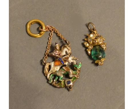 An Emerald And Diamond Set Pendant, Together With An Enamel Pendant, in the form of St George &amp; The Dragon 
