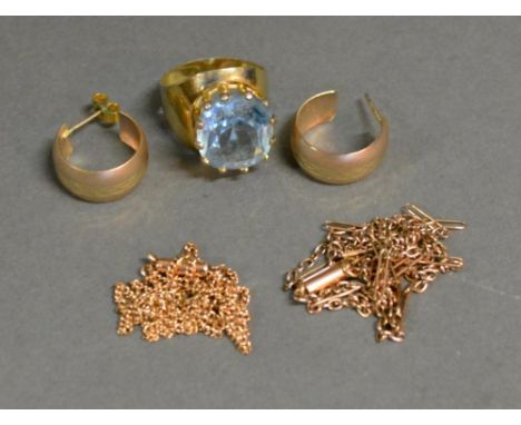 A Pair Of 9ct. Gold Earings, Together With Two 9ct. Gold Chains and a yellow metal dress ring set blue stone, 13.7g all in 