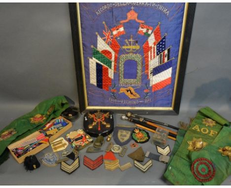 A Collection Of Medal Ribbons Together With Other Related Items, to include cap badges and marching canes, various sash and a