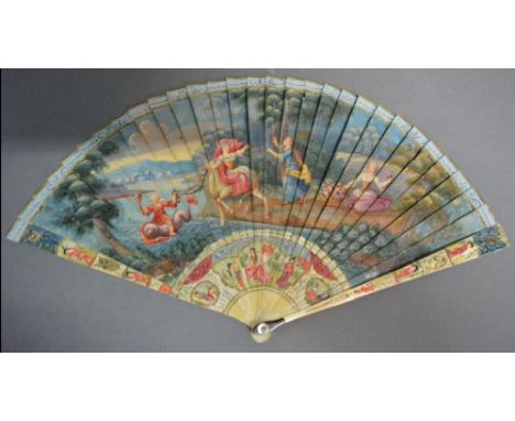 A George II Ivory Fan Finely Painted In The Style Of Vernis Martin depicting the rape of Tenopa and verso a maiden with pheas