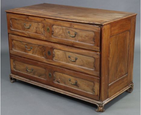 A Louis XVI walnut commode with moulded edge to the rectangular top, fitted three drawers with carved scroll decoration, bras
