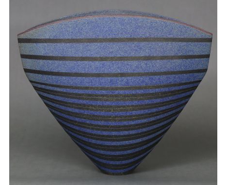 JON MIDDLEMIS (b. 1949). A contemporary ceramic vase of elliptical form, charcoal ground with blue horizontal stripes, taperi