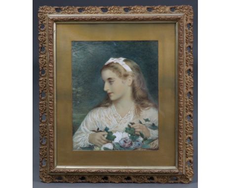 E.A. BUCK (19th century). A head-&amp;-shoulders portrait of a young lady with bouquet of flowers.  Signed &amp; dated 1882 l