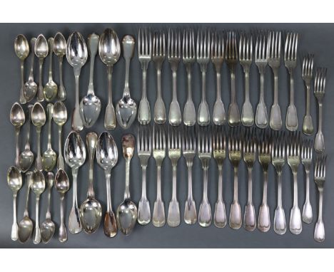 A matched service of French silver-plated Fiddle &amp; Thread pattern flatware, comprising: Twenty two table forks, eight tab