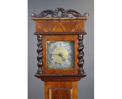 A Charles II style small longcase clock, the 6” square brass &amp; silvered dial with 30-hour striking movement, in crossband