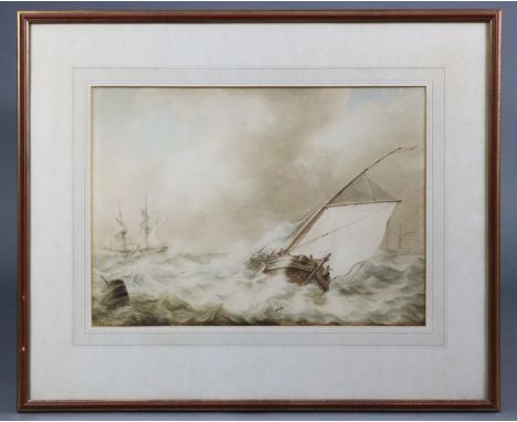 MARTINUS SCHOUMAN (Dutch, 1770-1848) Dutch sailing vessels in rough seas.  Signed “M. Schouman” lower right; watercolour: 12¼