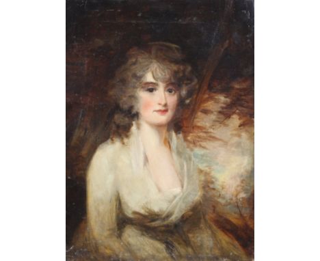 After HENRY RAEBURN (1756-1823). Portrait of a lady, half-length, with shoulder-length hair, against a wooded landscape.  Oil