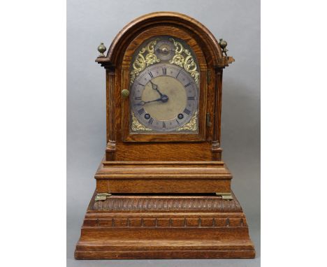 A late 19th century bracket clock with brass &amp; silvered arch dial, subsidiary regulator dial, eight-day movement striking