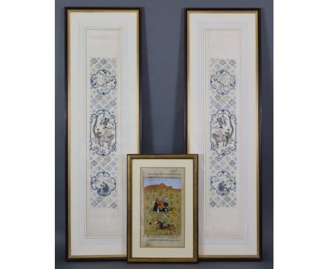 A pair of Chinese embroidered silk panels with figures &amp; mythical beasts in reserves, in matching glazed frames; 31¼” x 9