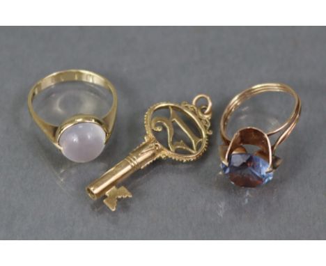 A 14K ring set round-cut amethyst, size: L (3gm); another set cabochon moonstone, size: O/P (4.1gm); &amp; a 9ct. gold 21st b