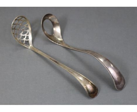 A Dutch silver .934 standard egg ladle with beaded edge to the long curved handle, 1889; &amp; a similar .833 standard egg la