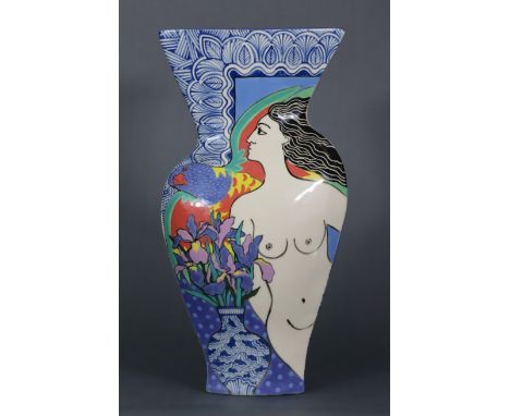 Barbara Swarbrick; a ceramic vase of triangular ovoid form decorated with nude female figures amongst brightly coloured birds