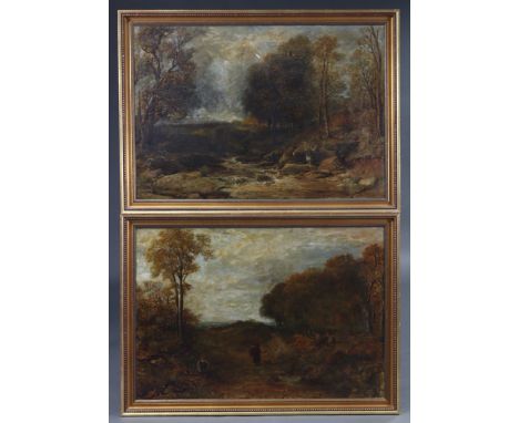 ROBERT ROBINSON DRABBLE (1827-1908).&nbsp;A pair of wooded river landscapes with figures. Unsigned, oil on canvas: 25” x 36”.