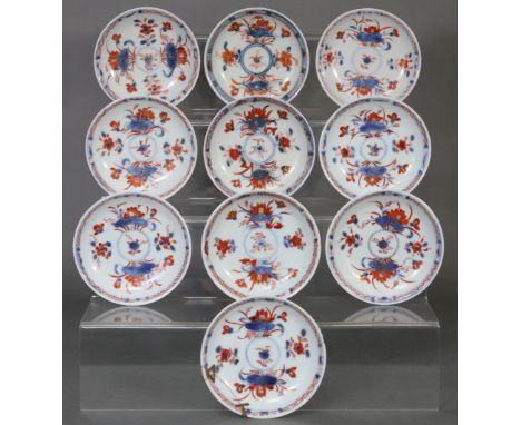 A group of ten 18th century Chinese Imari porcelain saucers decorated with foliage, 4” diam., Kangxi period (1662-1722). (One