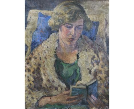 GERTRUDE MARY POWYS (1877-1952). A half-length portrait of Isobel Powys reading a book. Inscribed verso &amp; dated Sep. 1924