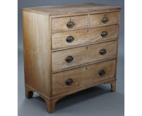 An early 19th century mahogany chest, fitted two short &amp; three long graduated drawers with later brass oval handles, reed