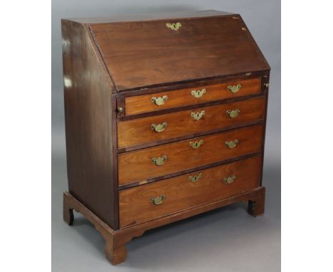 An 18th century mahogany bureau, with fitted interior enclosed by a fall-front above four long graduated drawers with brass s
