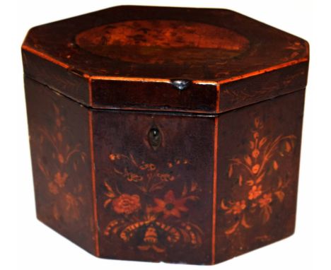 Late 18th/early 19th century Sheraton style tea caddy of octagonal form, lid with an oval painted panel, the sides also decor