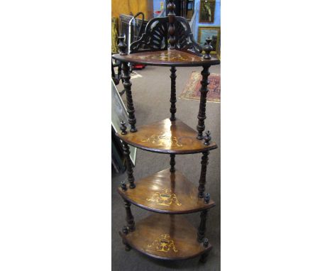 Victorian four tier bow fronted corner whatnot, each shelf inlaid with an urn design, 146cm high