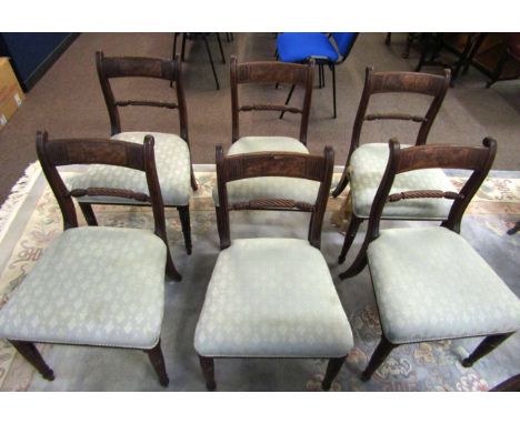 Set of six Regency period mahogany bar back dining chairs, green upholstered seats and ring turned front supports