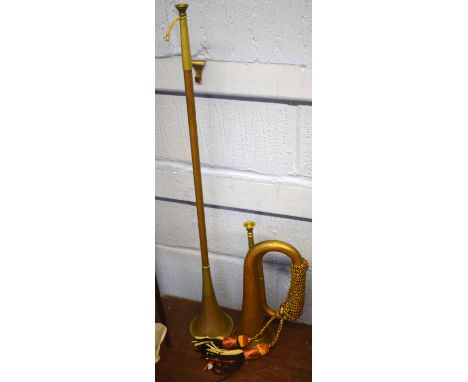 Vintage bugle and hunting horn, 30 and 72cm long
